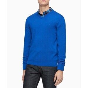 Calvin Klein Mens The Extra Fine Merino Sweater Size M V-Neck Blue Preppy